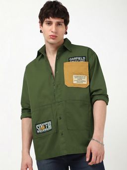 Bewakoof - Men's Moss Green Batch Printed Oversized Shirt