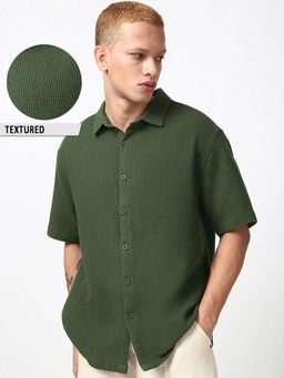 Bewakoof - Men's Dark Olive Green Textured Oversized Shirt