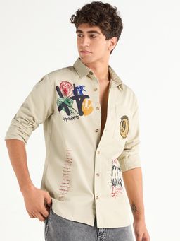 Bewakoof - Official Harry Potter Men's Pale Beige Hogwarts Graphic Printed Shirt