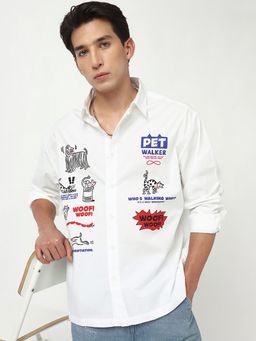 Bewakoof - Men's White Woof Graphic Printed Oversized Shirt