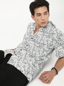 Bewakoof - Men's Light Grey All Over Printed Oversized Shirt