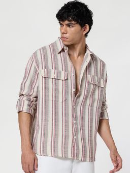 Bewakoof - Men's Off White & Dusty Pink Striped Oversized Shirt