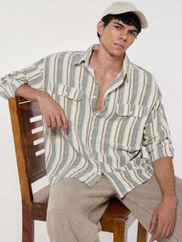 Bewakoof - Men's Off White & Green Striped Oversized Shirt
