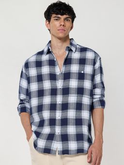 Bewakoof - Men's White & Blue Checked Oversized Shirt