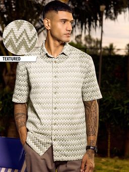 Bewakoof - Men's Green and White Geometric Oversized Crochet Shirt