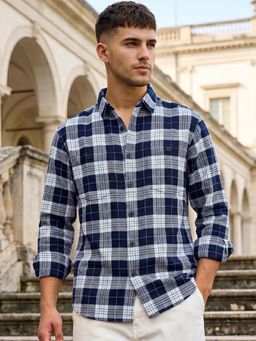 Bewakoof - Men's Navy Blue and White Checked Shirt