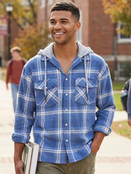Bewakoof - Men Blue And White Checked Oversized Hooded Shirt