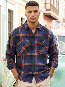 Bewakoof - Men Blue And Orange Checked Oversized Shirt