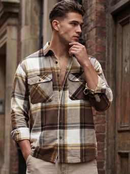 Bewakoof - Brown Checked Pure Cotton Oversized Shirt