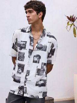 Bewakoof - Men's White and Black All Over Printed Oversized Shirt