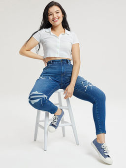 American Eagle - Women Navy Patched Low Rise Curvy Jegging