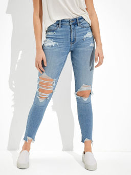 American Eagle - Women Blue Ripped High Rise Crop Jegging