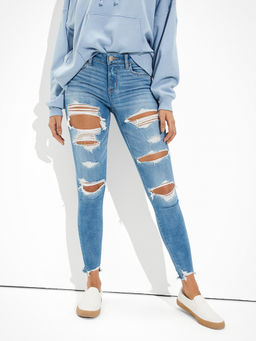 American Eagle - Women Blue Ripped Low Rise Jegging