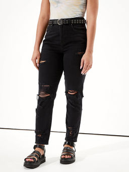 American Eagle - Women Black Ripped High Rise Curvy Mom Jeans