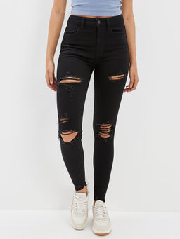 American Eagle - Women Black Ripped Next Level Stretch High Rise Jegging