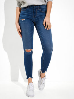 American Eagle - Women Blue Ripped Low Rise Crop Jegging