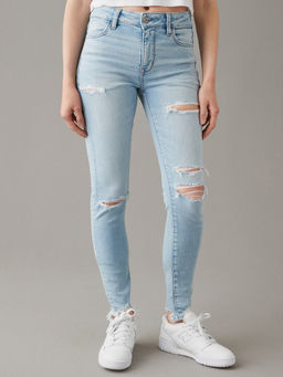 American Eagle - Women Blue Ripped High Rise Jegging