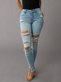 American Eagle - Women Blue Next Level Stretch Ripped High Rise Curvy Jegging