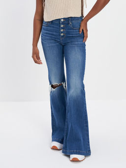 American Eagle - Women Blue Next Level Stretch High Rise Ripped Flare Jeans