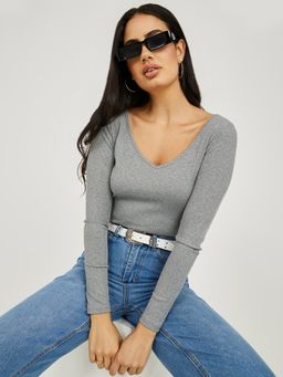 Styli - Long Sleeves V Neck Ribbed Fitted Knit Top