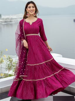 Lavanya The Label - Pink Cotton Lurex Long Dress With Dupatta (Set of 2)