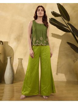 Gahan - Green Vichitra Zari Sequence Embroidered Top with Parrot Green Palazzo