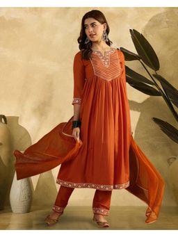 Gahan - Orange D Chinon Silk Blend Sequence Embroidered Anarkali Kurta with Pant and Dupatta