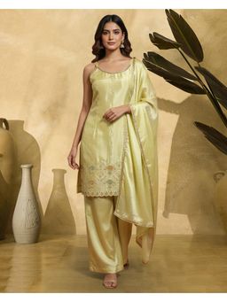Gahan - Lime Green Poly Chinon Zari Sequence Thread Embroidered Kurta with Palazzo and Dupatta