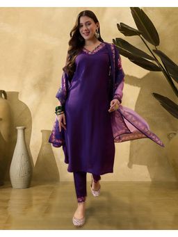 Gahan - Purple DChinon Silk Blend Sequence Thread Embroidered Kurta with Pant and Dupatta