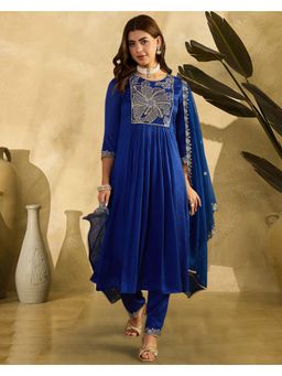 Gahan - Royal Blue Vichitra Zari Sequence Embroidered Anarkali Kurta with Pant and Dupatta