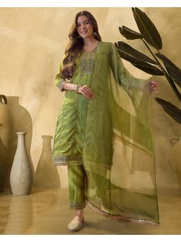 Gahan - Green Vichitra Zari Sequence Thread Embroidered Kurta with Pant and Dupatta