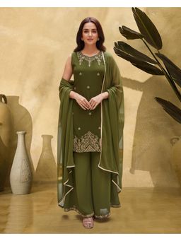 Gahan - Mehndi Georgette Zari Sequence Embroidered Kurta with Palazzo and Dupatta Set