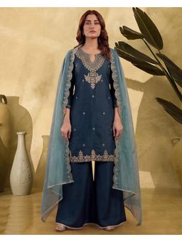 Gahan - Navy Blue Vichitra Zari Sequence Cut Work Embroidered Kurta with Palazzo and Dupatta