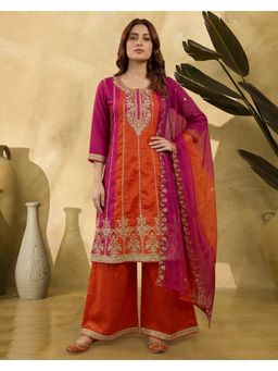 Gahan - Yellow Green Shaded Poly Chinon Zari Sequence Embroidered Kurta with palazzo and Dupatta