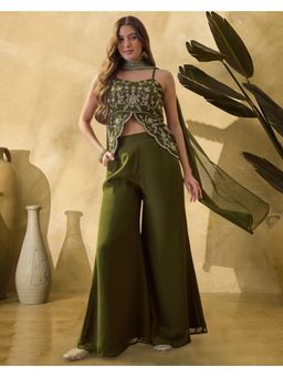 Gahan - Mehndi Georgette Thread Zari Sequence Cording Embroidered Top with Palazzo and Dupatta