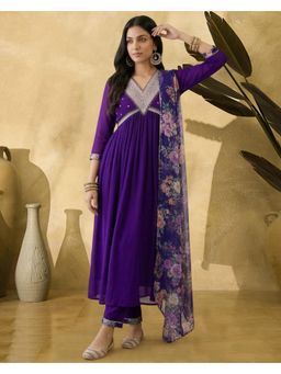 Gahan - Purple Georgette Zari Sequence Embroidered Alia Cut Kurta with Pant and Dupatta