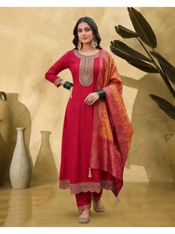 Gahan - Red Silk Blend Zari Sequence Embroidery Anarkali Kurta with Pant and Dupatta Set