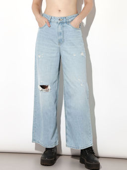 ONLY - Women Solid Wide Leg Mid-Rise Blue Jeans