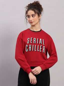 Monte Carlo - Women Red Typography Oversized Pull On Sweatshirt