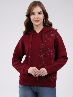 Monte Carlo - Women Maroon Embroidered Regular Fit Hoodie
