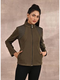 Lakshita - Olive Fleece Full Sleeve Jacket with Quilted Yoke At Front