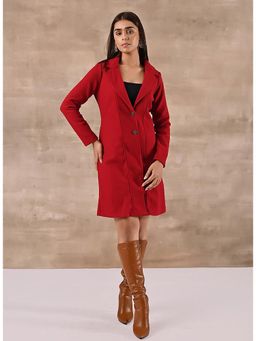 Lakshita - Red Long Trench Coat with Panelled Font and Button Detail