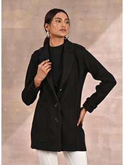 Lakshita - Grey Brushed Wool Long Sleeve Coat with Leather Piping