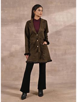 Lakshita - Olive Trench Coat with Fur Detailing with Belt (Set of 2)