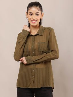 NOBARR - Women Olive Green Polyester Sheer Button-Down Shirt