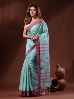 CHARUKRITI - Sea Green Cotton Handspun Handwoven Saree with Checkered Design with Unstitched Blouse
