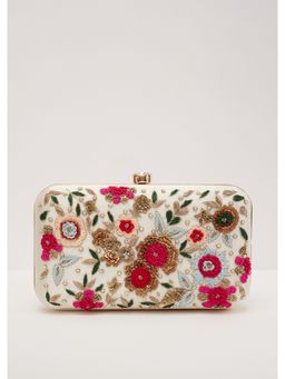 KALKI FASHION - Floral Embroidered Clutch with White Silk Base