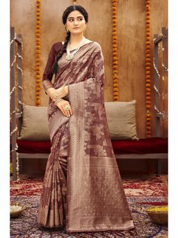 Sangam Prints - Brown Cotton Woven Zari Work Traditional Tassel Saree with Unstitched Blouse
