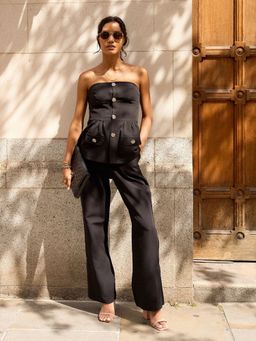 IS.U - Women Black Strapless Buttoned Co-Ord Set