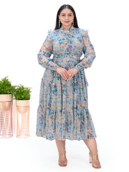 IS.U - Women Sky Blue Floral Tiered Dress with Belt